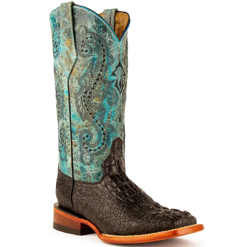 Boots with cozy midsoles-Boots with vibrant accents-Ferrini Women's Stampede Square Toe Boots Crocodile Print - Black/Teal  9039350