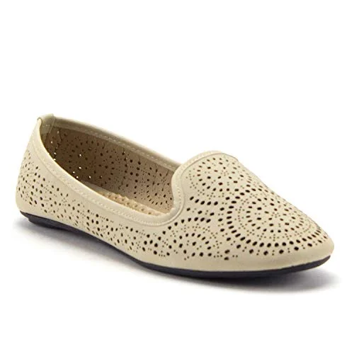 Flats with durable heelsWomen's Kelly-18 Laser Cut Out Slip On Smoking Loafers Ballet Flats Shoes