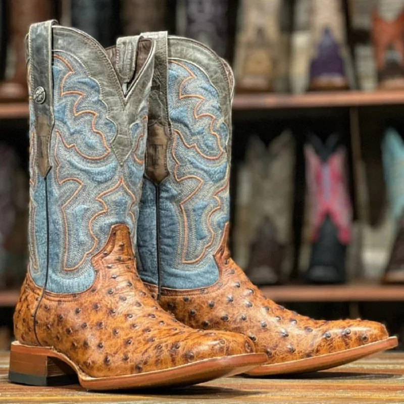 Boots with bold heels-Boots with chic buckles-Tanner Mark Men's Van Zandt Print Ostrich Square Toe Boots Cognac TM205524