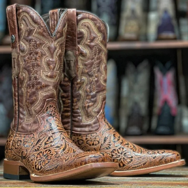 Boots for rainy trips-Boots for outdoor adventures-Tanner Mark Men's Sawyer Hand Tooled Square Toe Boots Cognac TM201706