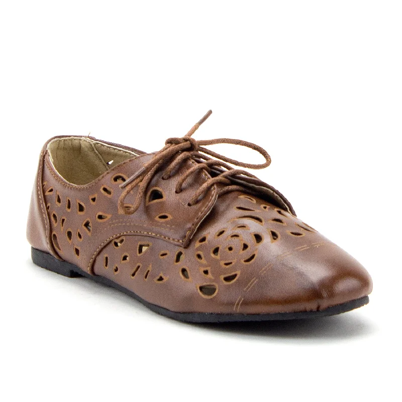 Oxfords with durable leather-Women's Stacy-25 Lace Up Perforated Oxfords Laser Cut Designer Dress Shoes