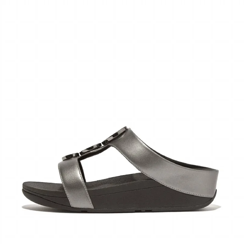 Sandals for trendy comfortHalo Bead-Circle Metallic H-Bar Slide Sandal In Pewter Black