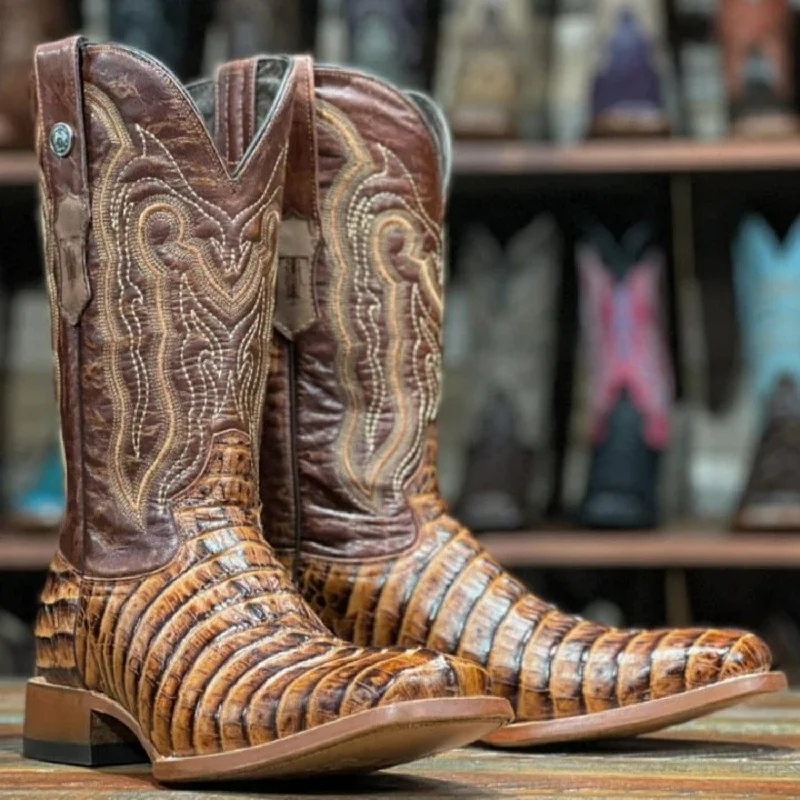 Boots with bright midsoles-Boots with bright colors-Tanner Mark Men's Hudson Print Caiman Tail Square Toe Boots Cognac TM201703