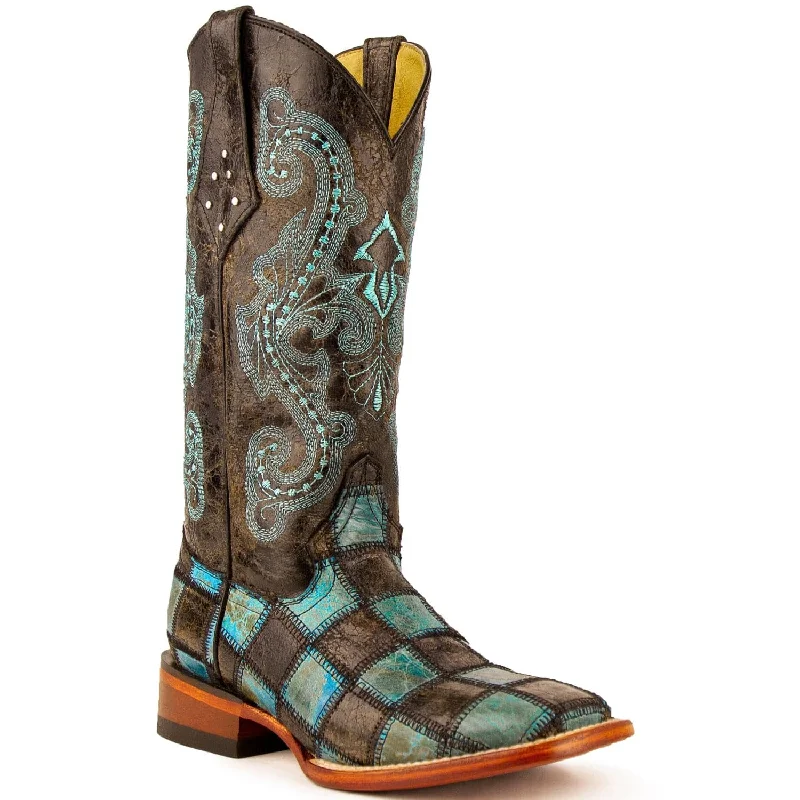 Boots for evening hikes-Boots for quick outings-Ferrini Women's Patchwork Square Toe Boots Handcrafted - Black/Teal  8139350