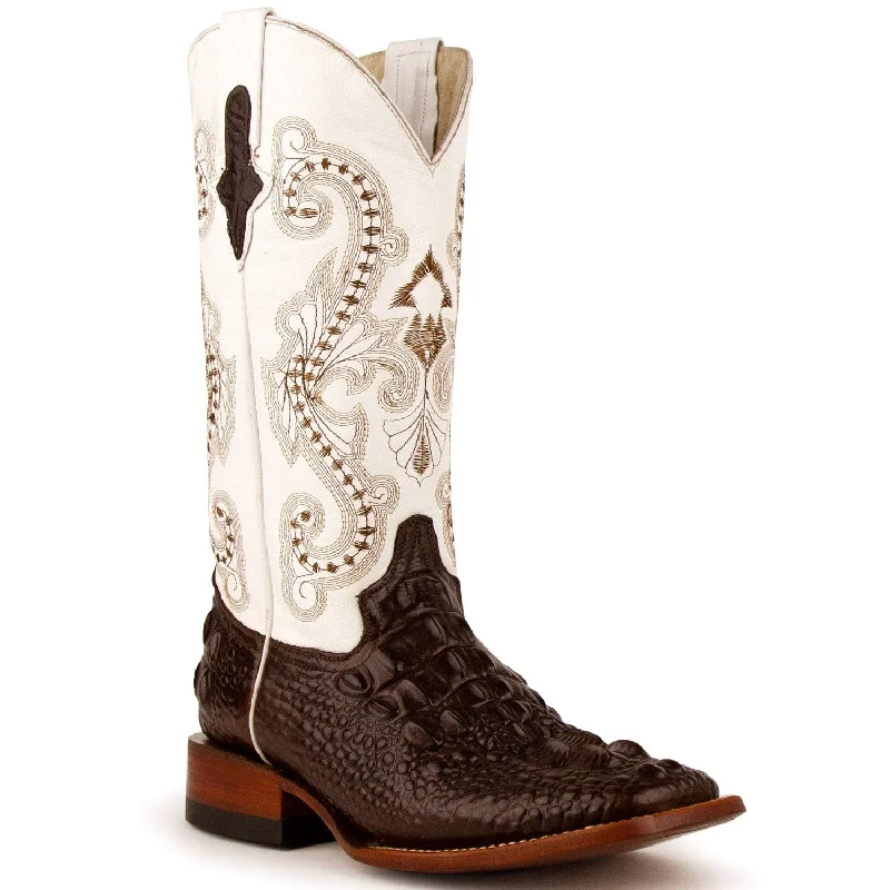 Boots with sleek midsoles-Boots with slip-on ease-Ferrini Women's Rancher Square Toe Boots Crocodile Print - Chocolate/White  9049309