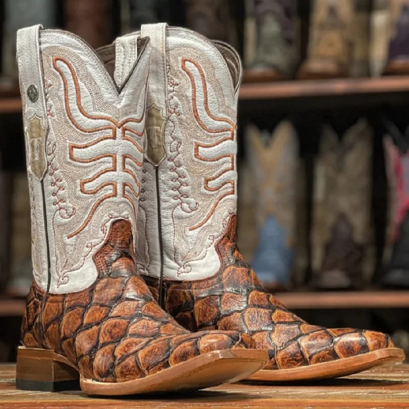 Boots with trendy midsoles-Custom boots online-Tanner Mark Men's Dillon Print Monster Fish Square Toe Boots Cognac TM205539