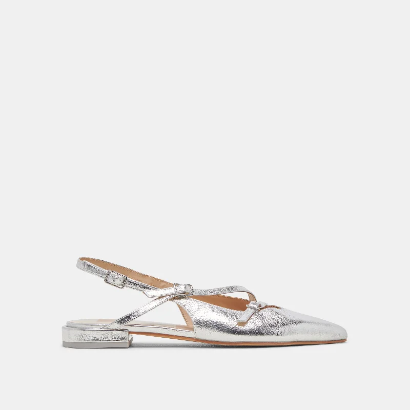 Flats with cushioned trendsPAMLA WIDE FLATS SILVER CRINKLE PATENT