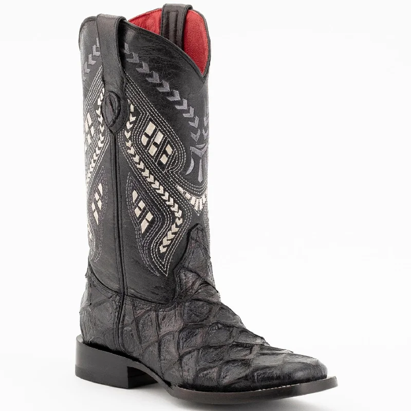 Boots with flexible soles-Boots with cool textures-Ferrini Women's Bronco Square Toe Boots Pirarucu Fish Print - Black  9339304